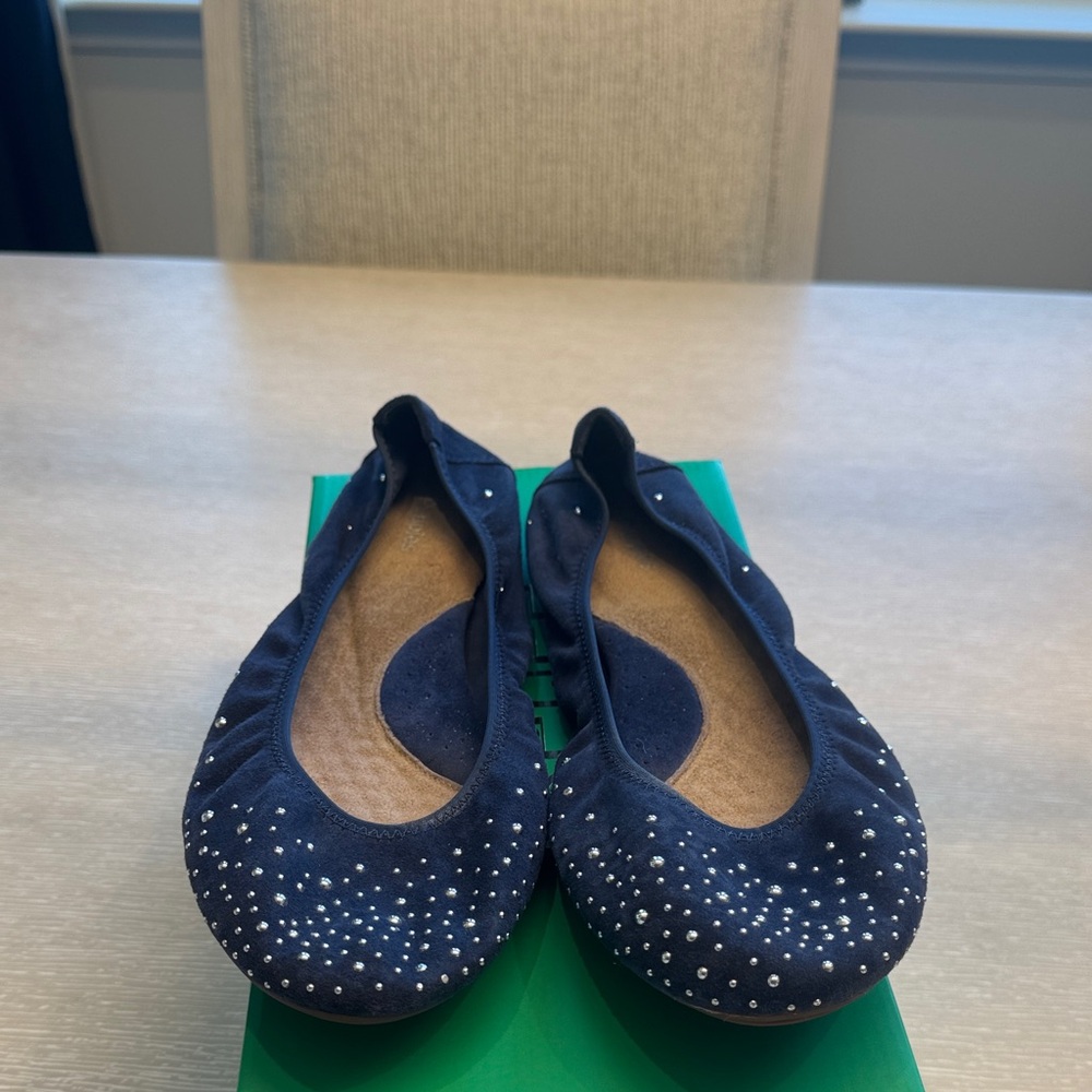 Navy Blue Ballet Flats with Rhinestone Accents